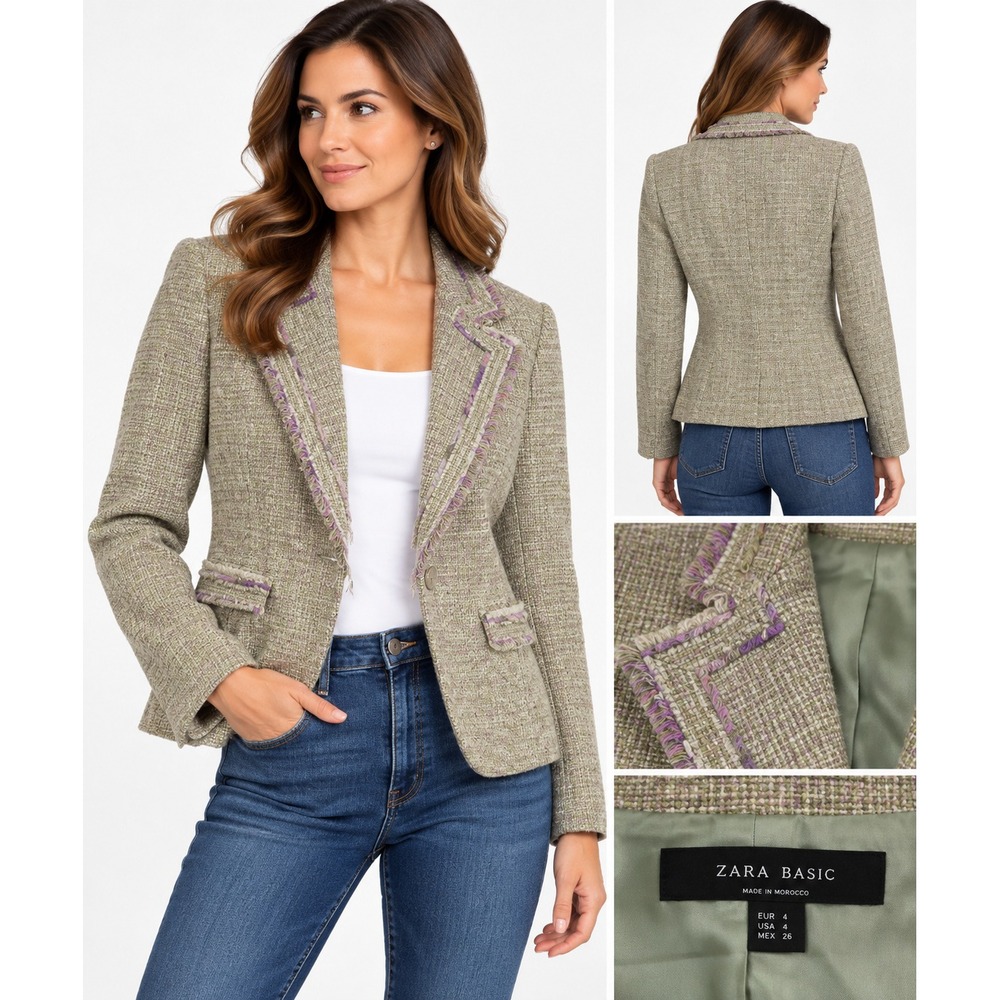 Zara Basic Tweed Blazer Womens Size 4 Green Purple Fringe Trim Wool Blend Lined
